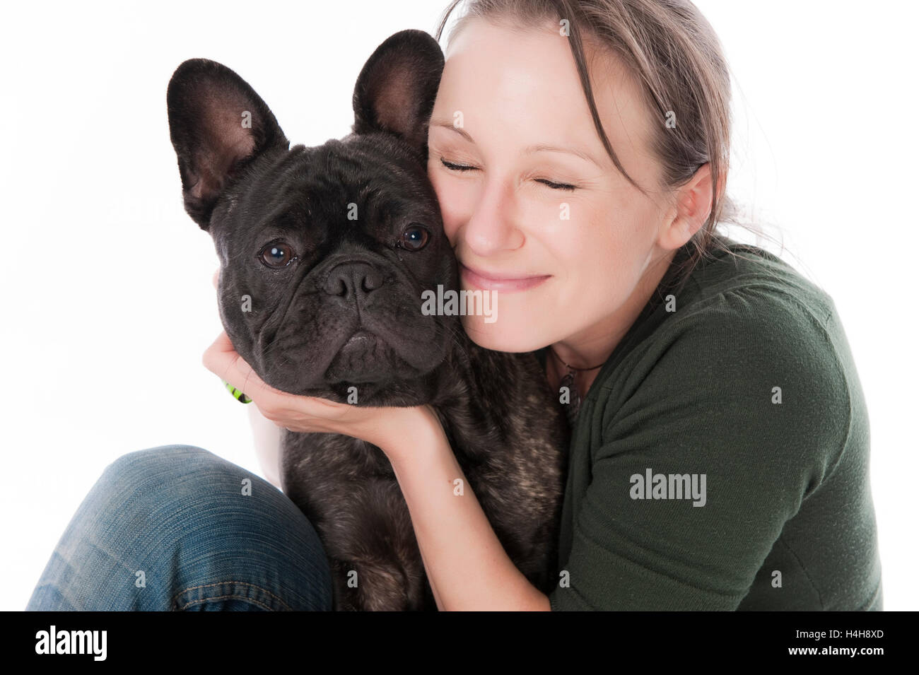 Donna e bulldog francese Foto Stock