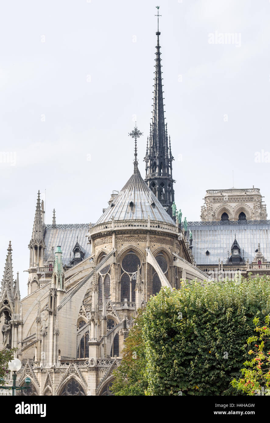 La facciata est della cattedrale cattolica Notre Dame de Paris. Costruito in architettura Gotica Francese. Foto Stock