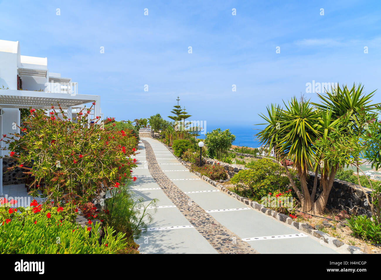 Percorso nel giardino sul isola di Santorini, Grecia Foto Stock