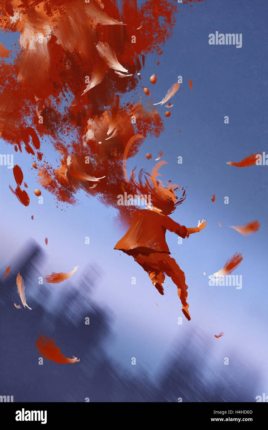 Jumping man e piume di colore rosso su sfondo blu,illustrazione pittura Foto Stock