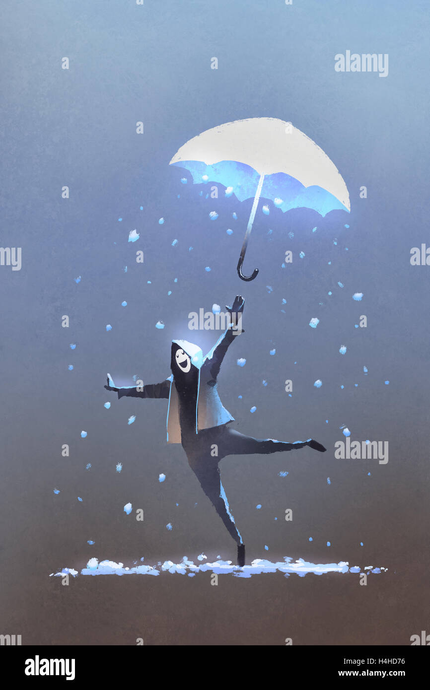 Felice l'uomo getta fino a fantasia ombrello con caduta di neve,l'inverno è venuta, illustrazione pittura Foto Stock