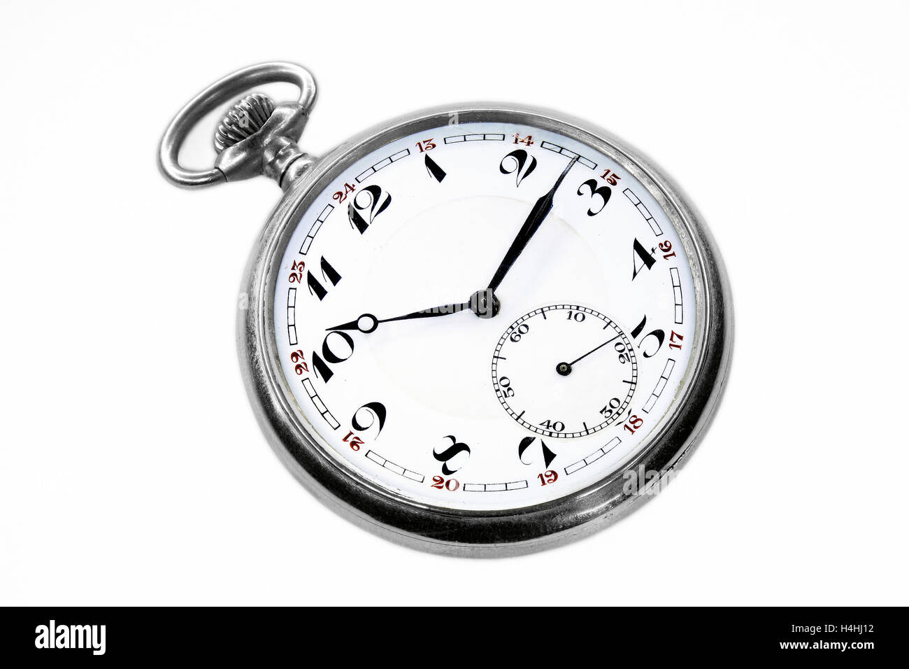 Old Swiss orologio da tasca sinistra prospettica isolata su sfondo bianco Foto Stock