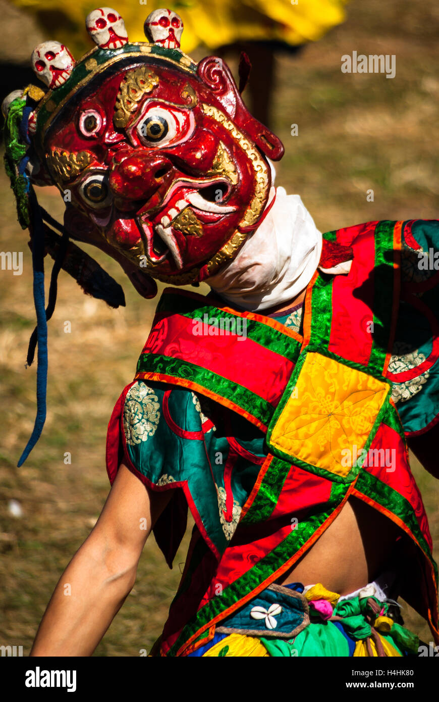 Tradizionale maschera buddista danza Jampey Lhakhang Drup (Festival), Jakar, Bumthang, Bhutan Foto Stock