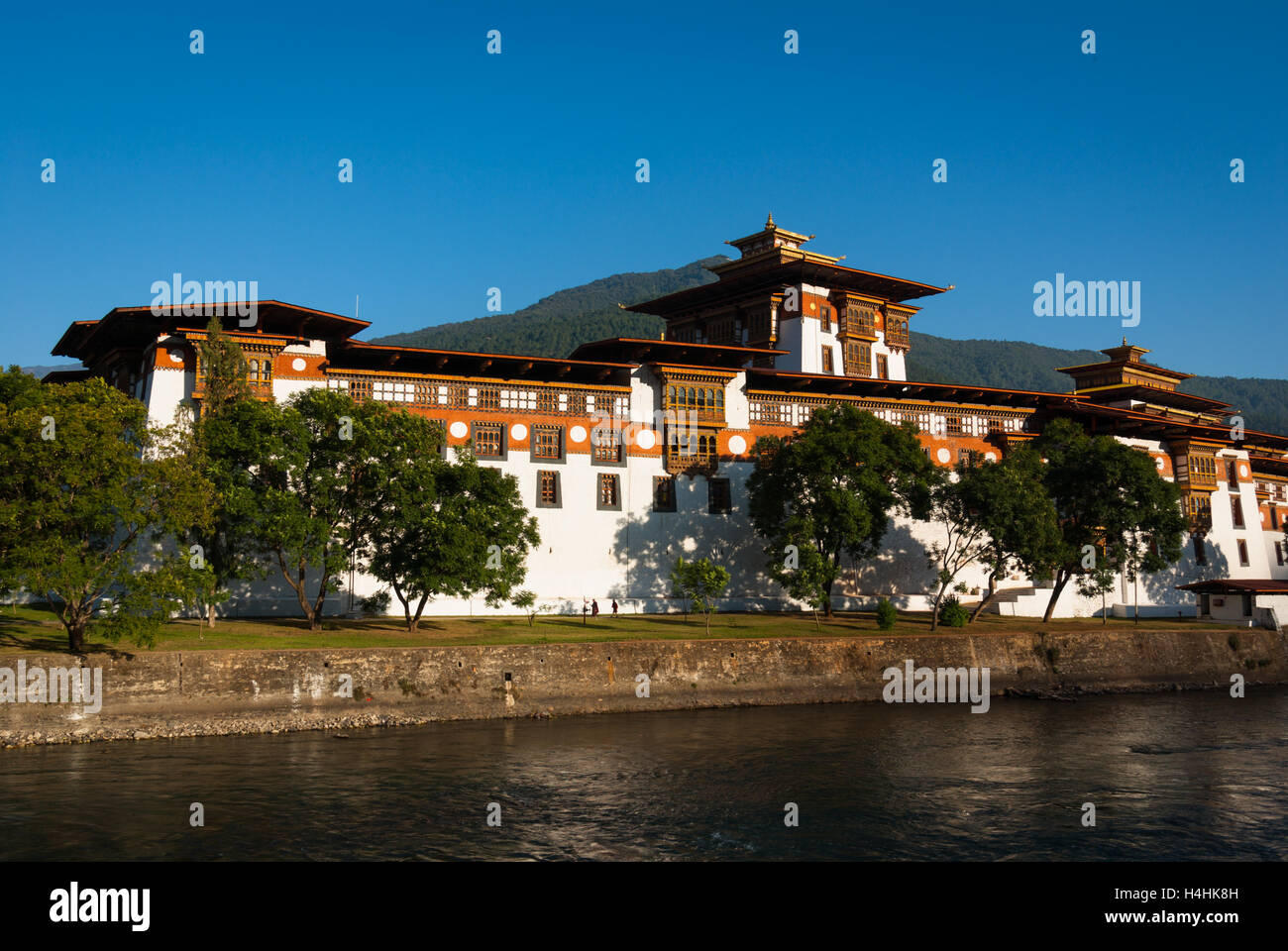 Vista sul fiume a Punakha Dzong, un enorme fortezza monastero e l'edificio amministrativo in Bhutan Foto Stock