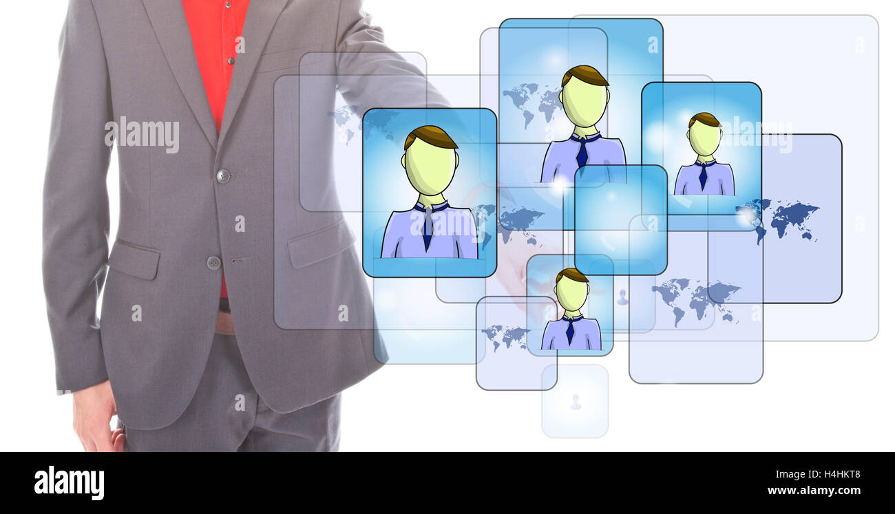 Giovane imprenditore online con gli amici isolati su sfondo bianco Foto Stock