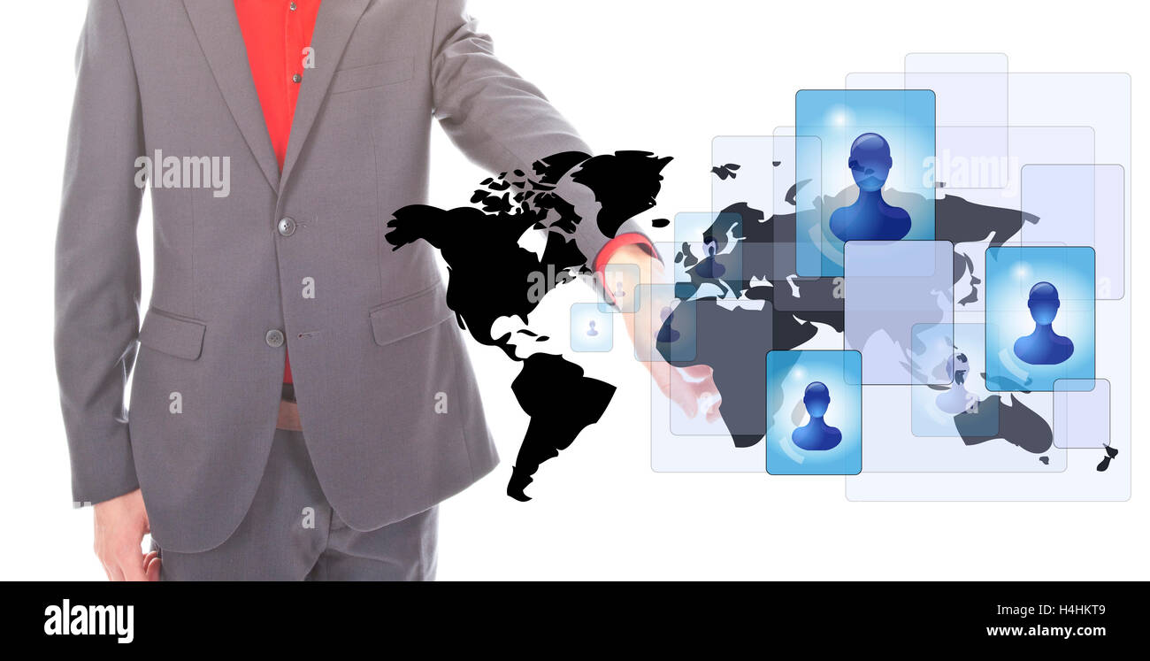 Giovane imprenditore con worldmap e social media persone su sfondo bianco Foto Stock