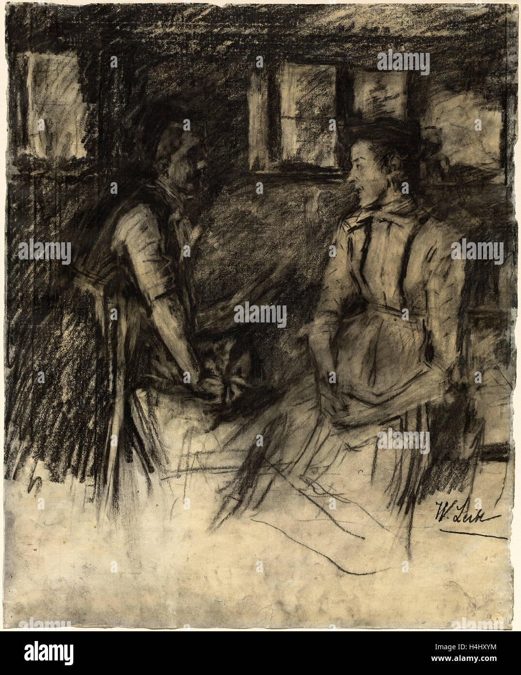 Wilhelm Leibl, tedesco (1844-1900), due donne in cucina, 1895-1897, grafite e gesso nero con sconcertante sulla vecchia carta vergata Foto Stock