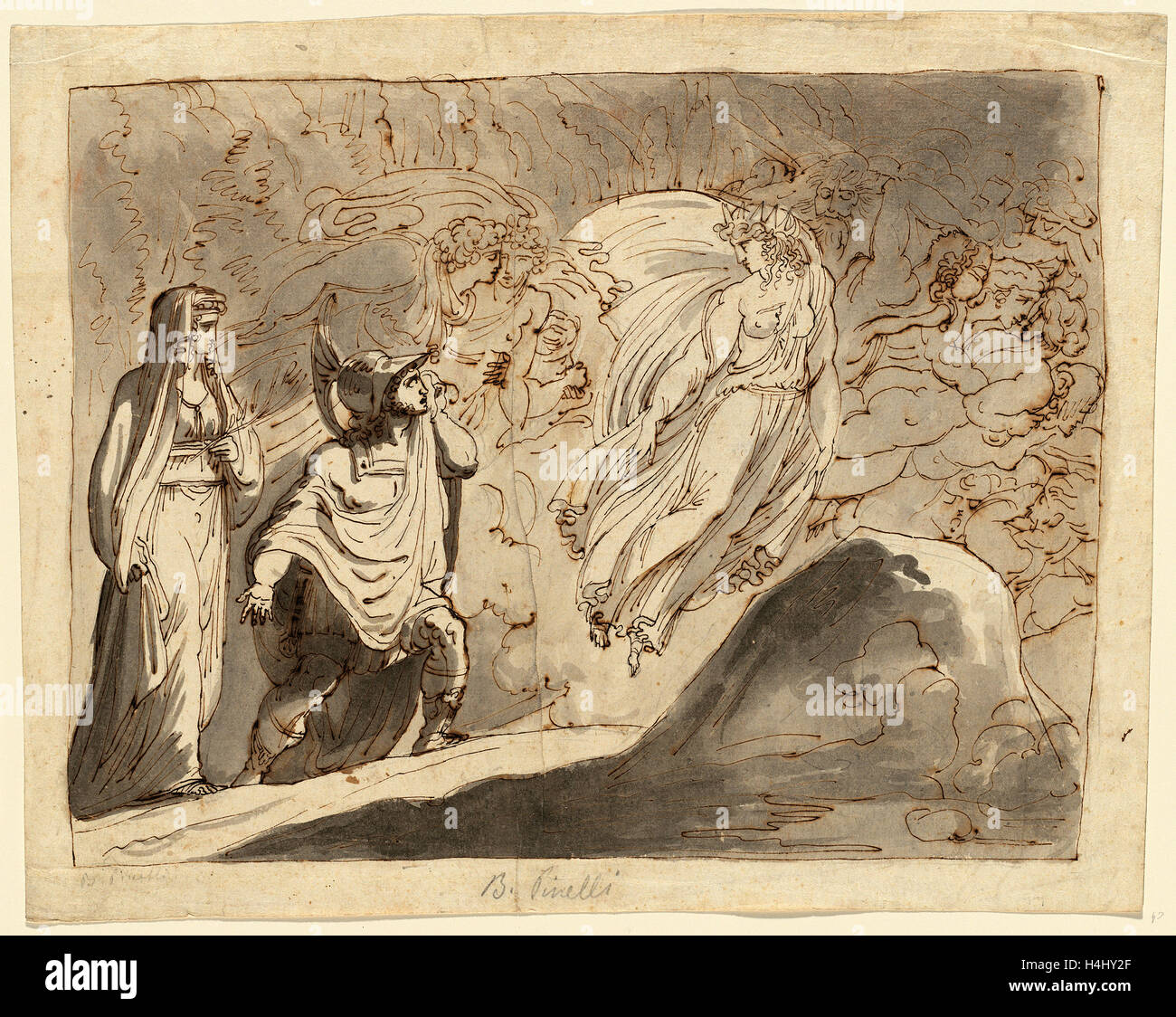 Bartolomeo Pinelli, italiano (1781-1835), Enea negli inferi, penna e inchiostro bruno con il grigio e marrone a lavare oltre gesso nero Foto Stock