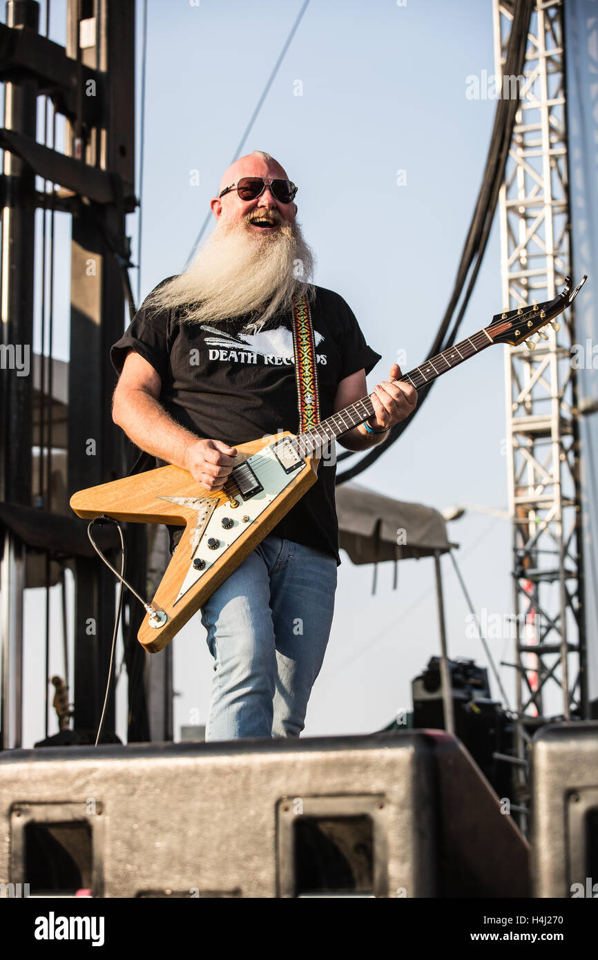 Dave recupero di aquile di morte di metallo suona presso il Riot Fest Venerdì, Agosto 29th, 2015, presso il National Western complesso in Denver, CO. Foto Stock