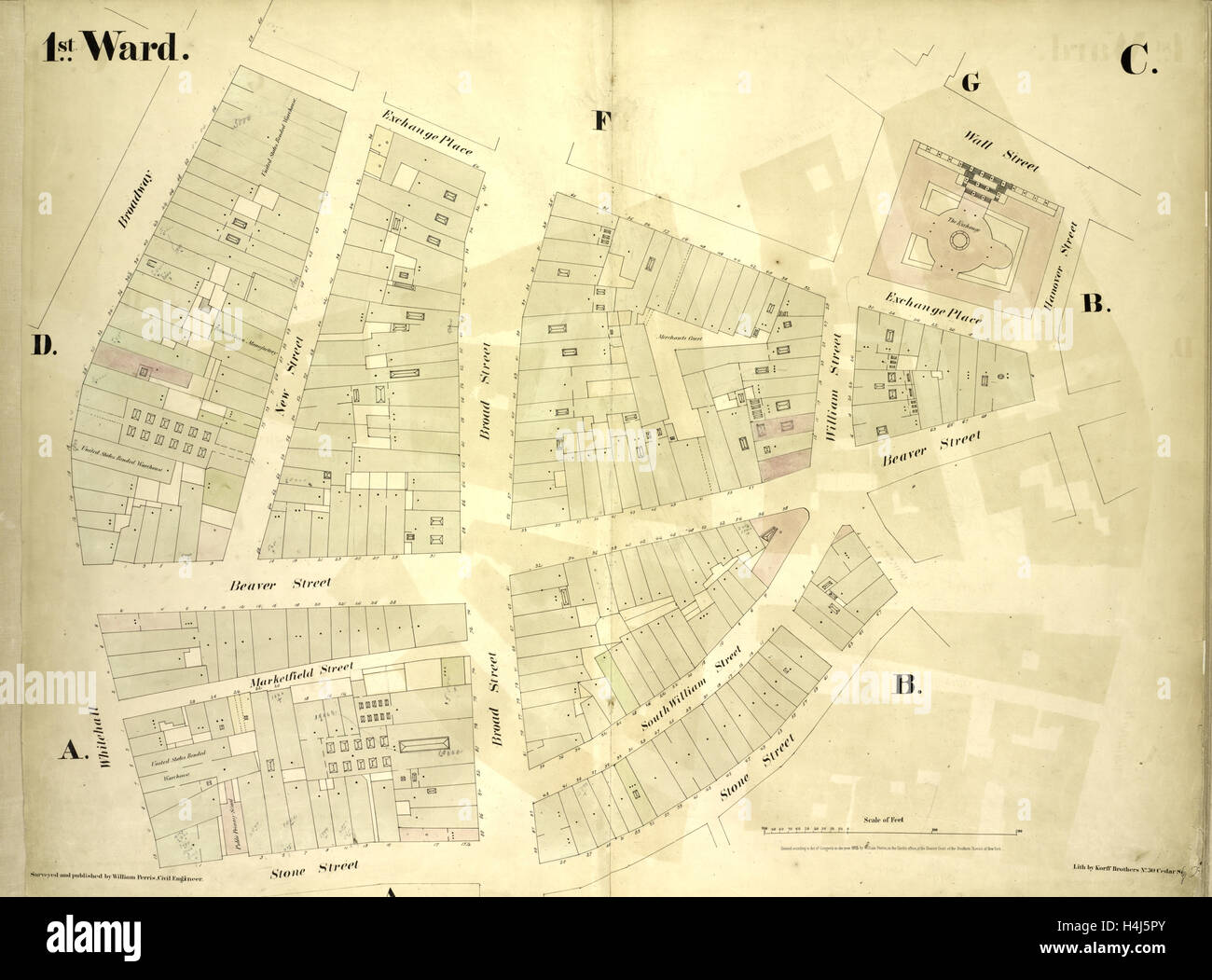 1 Ward. Piastra C: mappa delimitata da Exchange Place, William Street, Wall Street, Hanover Street, Beaver Street, Stone Street Foto Stock