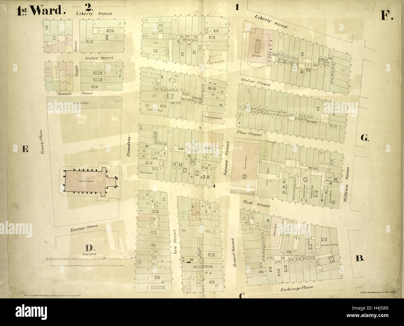 1 Ward. Piastra F: mappa delimitata da Liberty Street, William Street, luogo di scambio, Trinity Place; inclusi Cedar Street Foto Stock