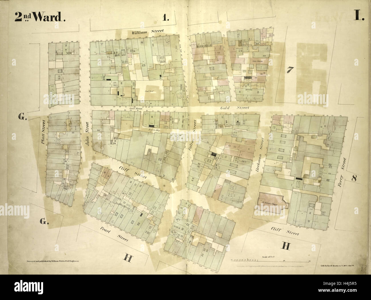 Secondo Ward. Piastra: ho mappa delimitata da William Street, Beekman Street, Gold Street, Ferry Street, Cliff Street, Pearl Street Foto Stock