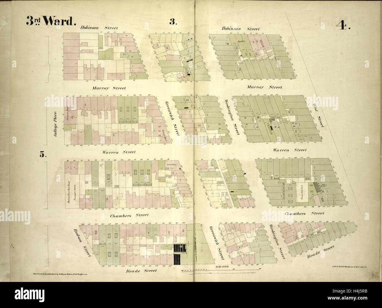 3° Ward. Piastra 4: Mappa delimitata da Robinson Street, West Street, Reade Street, Hudson Street, il collegio di luogo Foto Stock