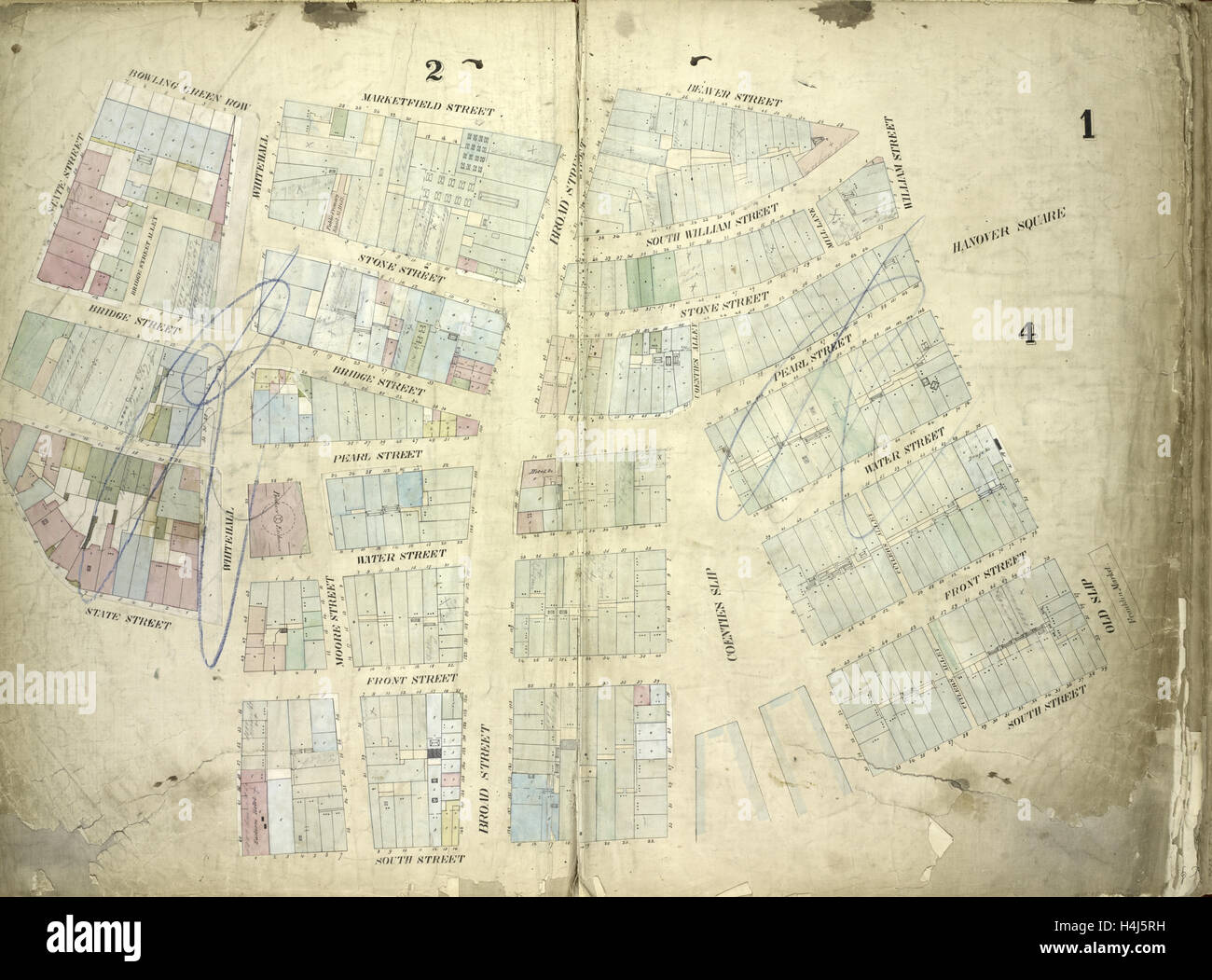 La piastra 1: Mappa delimitata da Bowling Green fila, Marketfield Street, Beaver Street, William Street, vecchio di slittamento, South Street, Whitehall Foto Stock