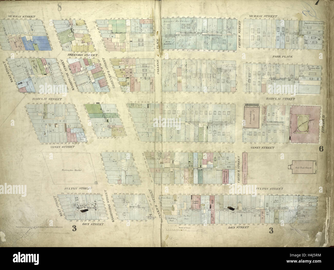 La piastra 7: Mappa delimitata da Murray Street e Broadway, Dey Street, West Street; tra cui Robinson Street, il Park Place, Barclay Street Foto Stock