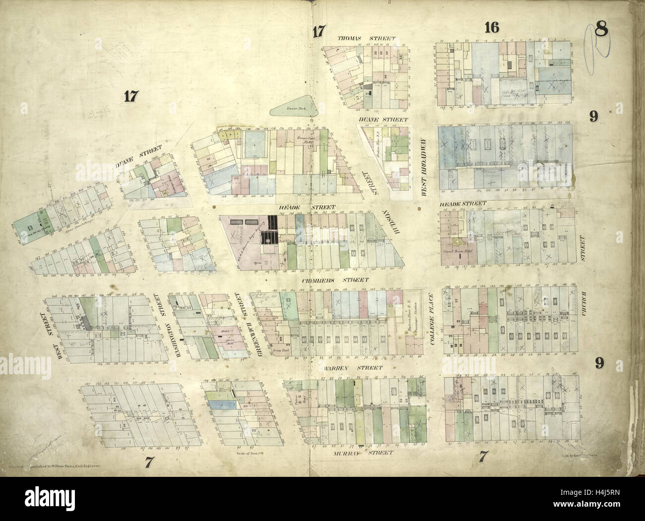La piastra 8: Mappa delimitata da Duane Street, Thomas Street Church Street, Murray Street, West Street; inclusi Reade Street Foto Stock
