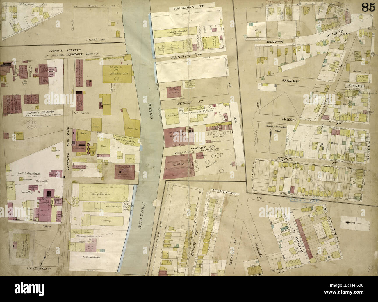 Brooklyn, Vol. 4, doppia piastra pagina n. 85; mappa delimitata da Orient Ave., di Oliva San, Maspeth Ave., Newtown Creek, Haussman San Foto Stock