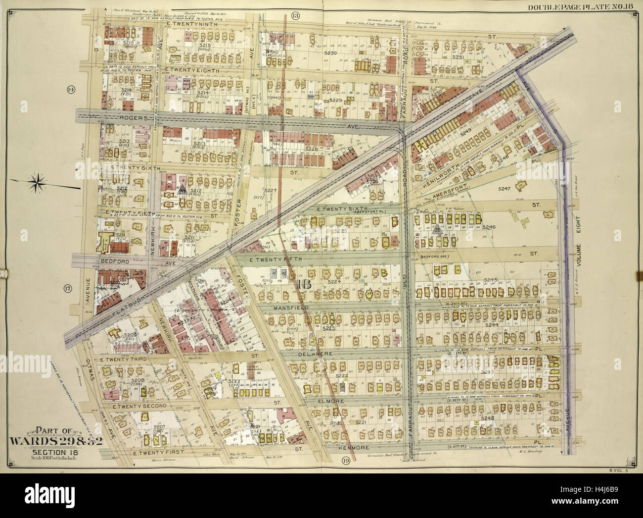 Brooklyn, Vol. 5, doppia piastra pagina n. 18; parte di reparti 29 & 32, sezione 16; mappa delimitata da E. 29th St., Avenue G Foto Stock