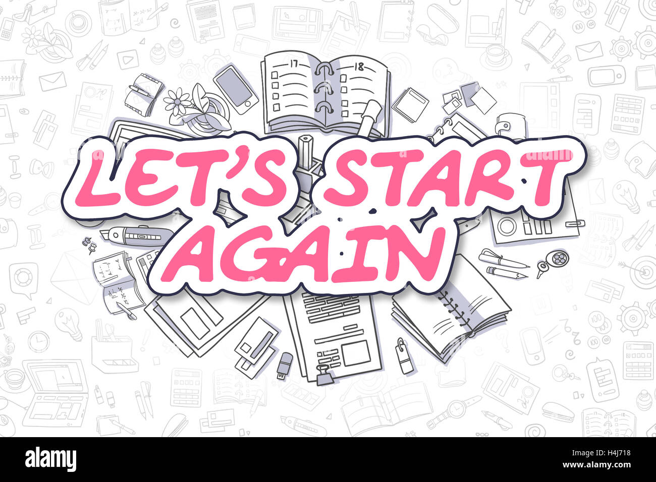 Consente di avviare di nuovo - Doodle Magenta Word. Il concetto di business. Foto Stock