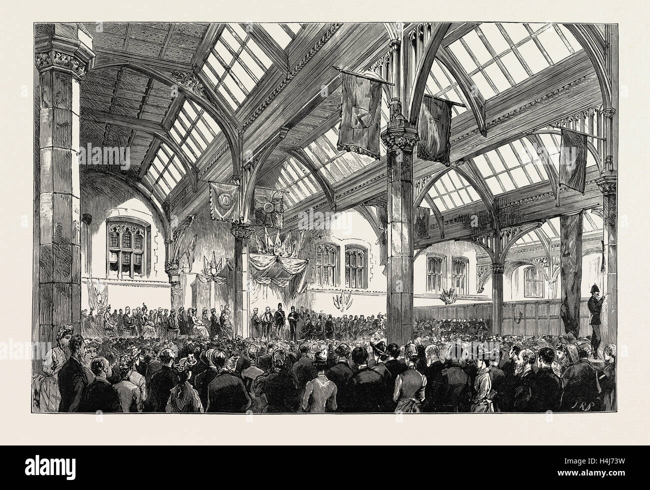 Lo scià di Persia in Inghilterra, Regno Unito, 1889: SCENA IN THE Corn Exchange, SHEFFIELD, DURANTE LA PRESENTAZIONE DI UN INDIRIZZO Foto Stock