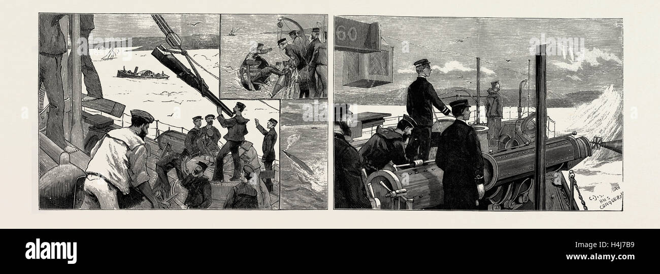 Un viaggio in barca a siluro 'n. 60', sparando siluri in Dale strade: abbassamento di una Hotchkiss pistola sul bordo della Torpediniera "No. 60' Foto Stock