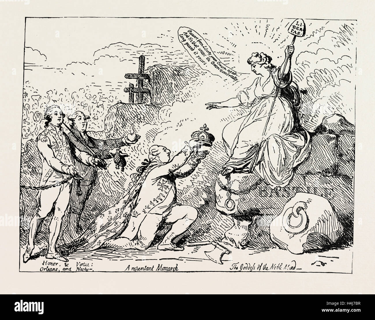 Inglese stampe satirico SU EVENTI IN FRANCIA, LA PRESA DELLA BASTIGLIA, 1789: "L'offerta liberty', duca d'Orleans Foto Stock