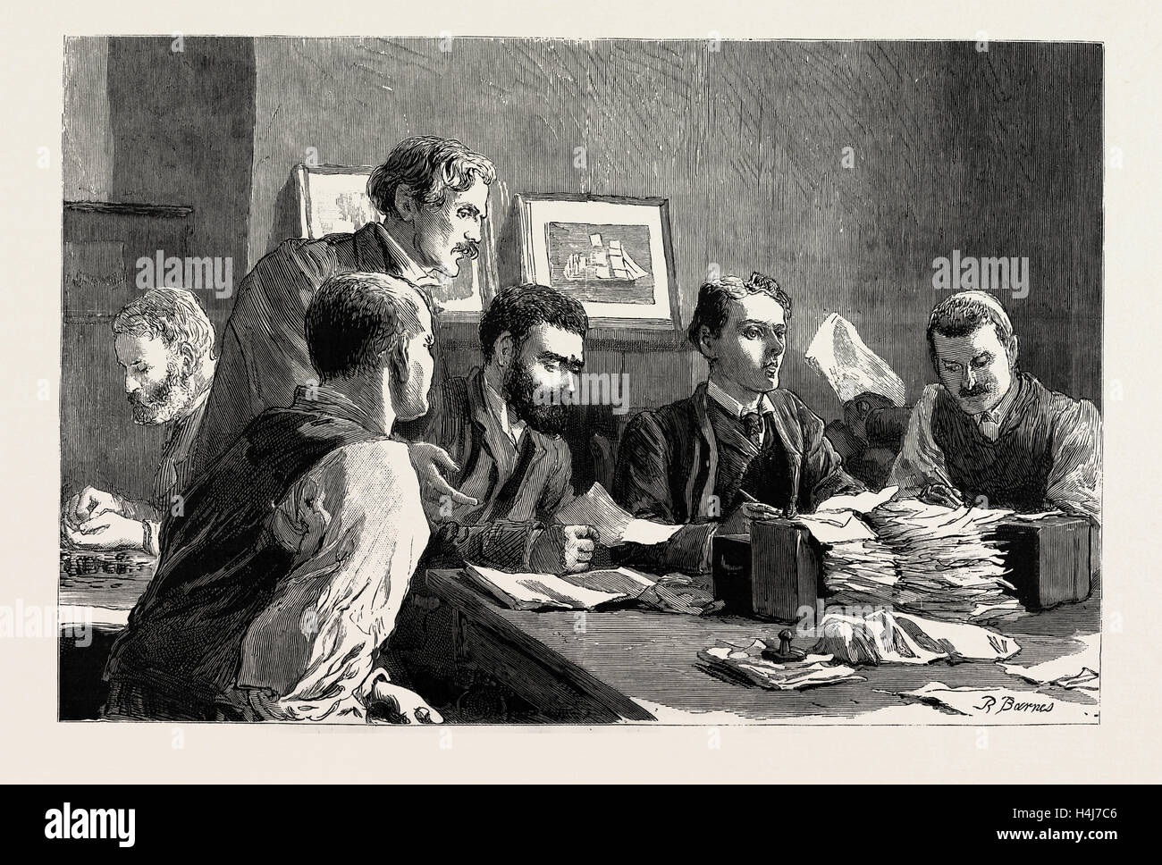 Il grande sciopero degli operai dock all'East End di Londra, Regno Unito, 1889: IL COMITATO DELLE FINANZE EMISSIONE BIGLIETTI IN RILIEVO AL WADE Foto Stock