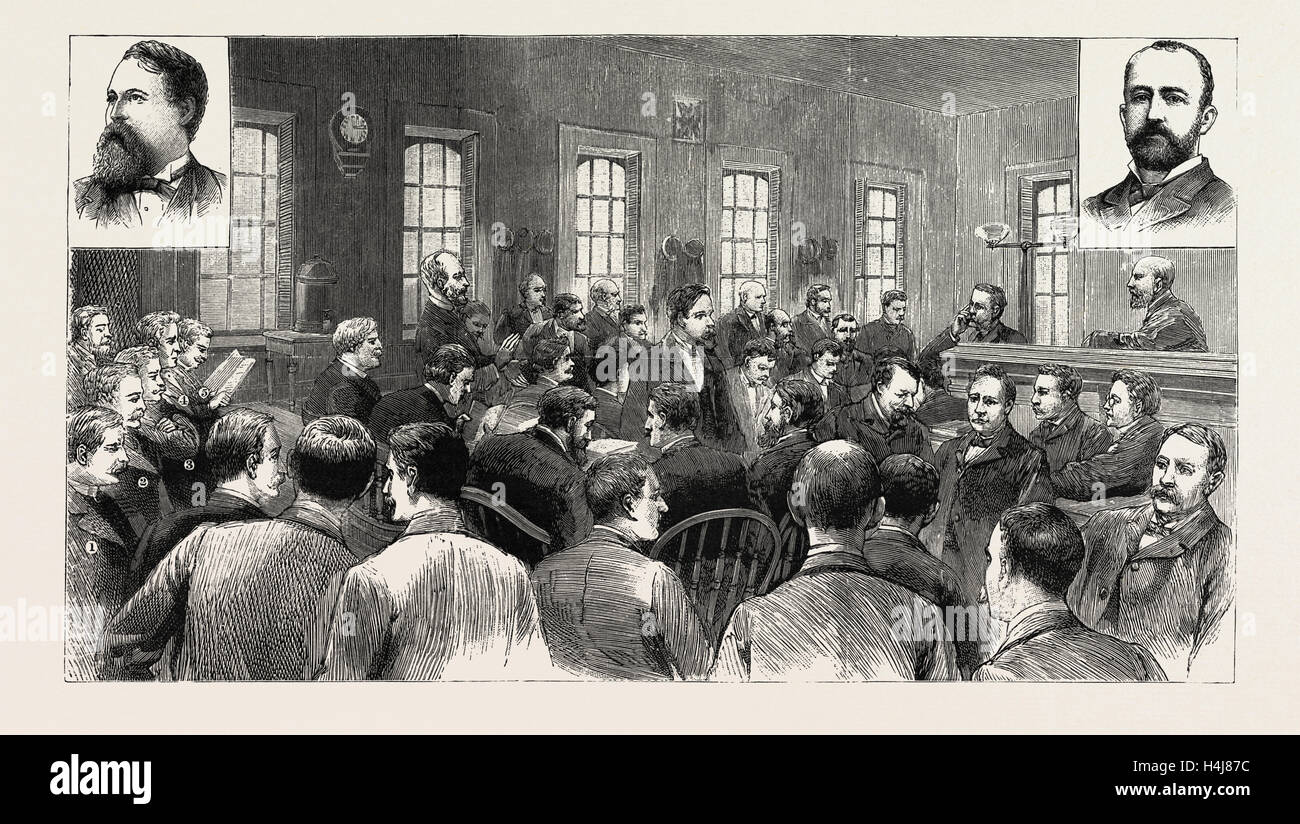 Il CRONIN PROVA A CHICAGO STATI UNITI D'AMERICA, IL CONSULENTE PER LA DIFESA DI CROSS-esaminando il sig. ToLLMAN, EXPERT MICROSCOPIST, 1889 Foto Stock