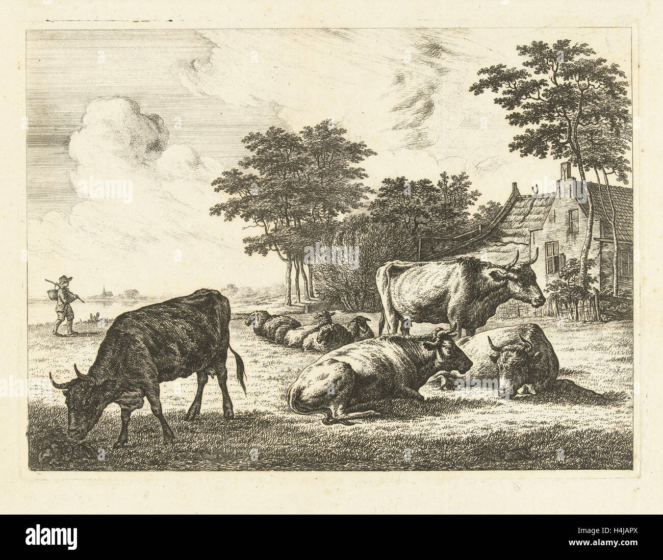 Le vacche e le pecore che giace nel prato per azienda, Johannes van Cuylenburgh, 1820 Foto Stock