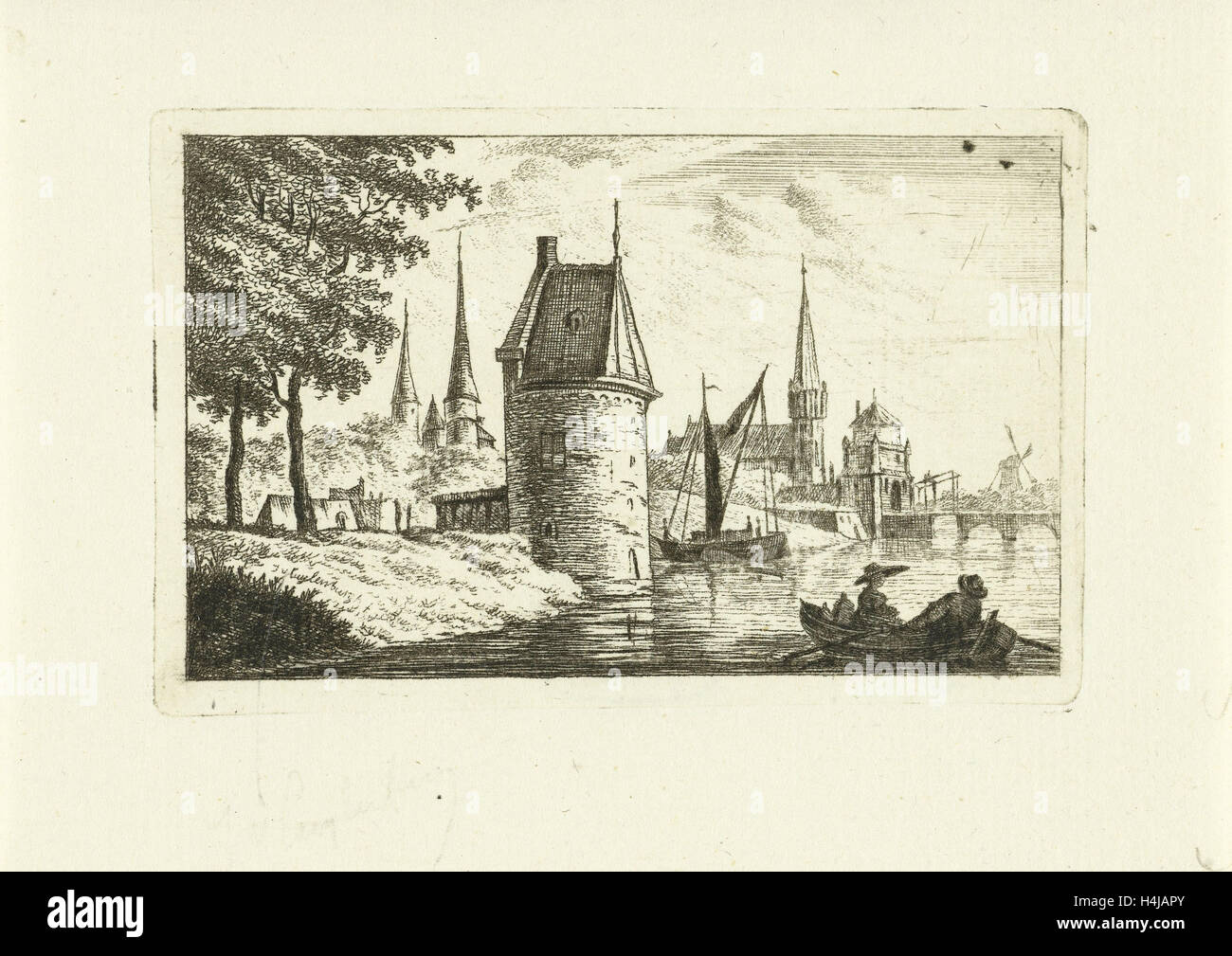 Paesaggio con torre sul fiume, Johannes van Cuylenburgh, 1803 - 1841 Foto Stock