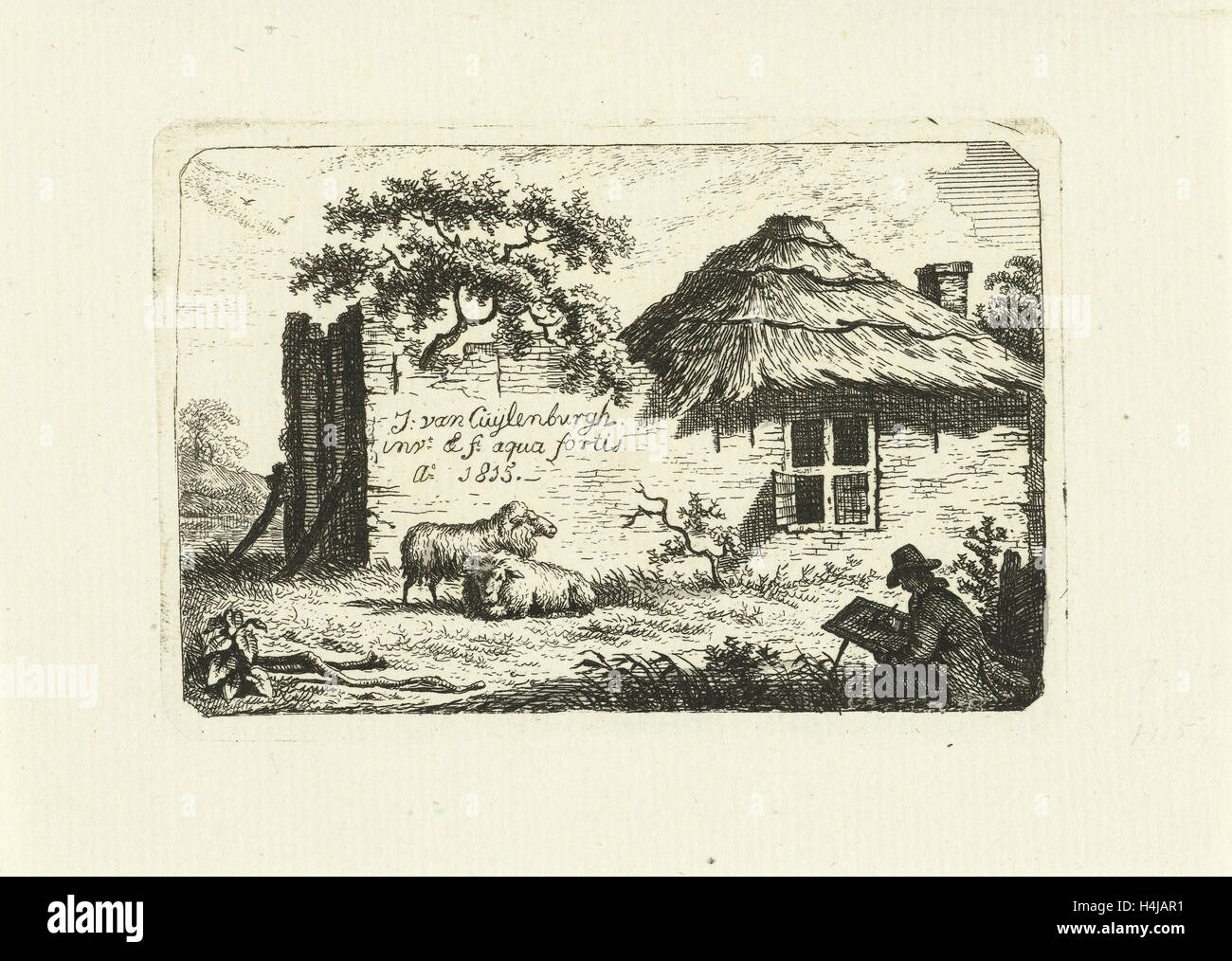 Artista al fatiscente casa colonica con due pecore, Johannes van Cuylenburgh, 1815 Foto Stock