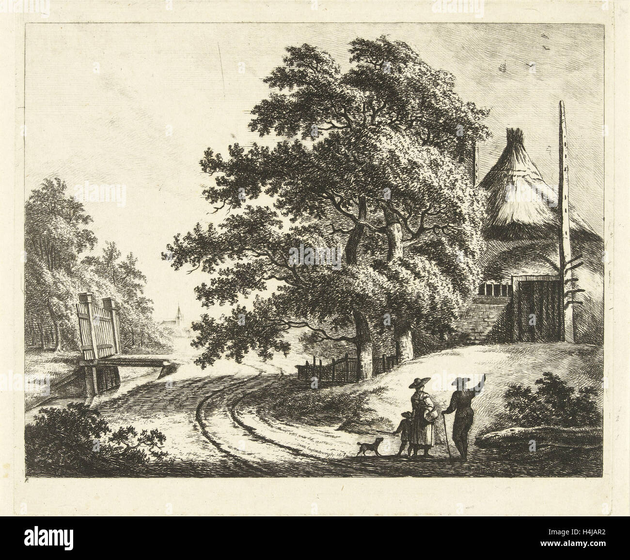 Paesaggio con Rick sul tumulo su strada lungo il fosso, Johannes van Cuylenburgh, 1817 Foto Stock