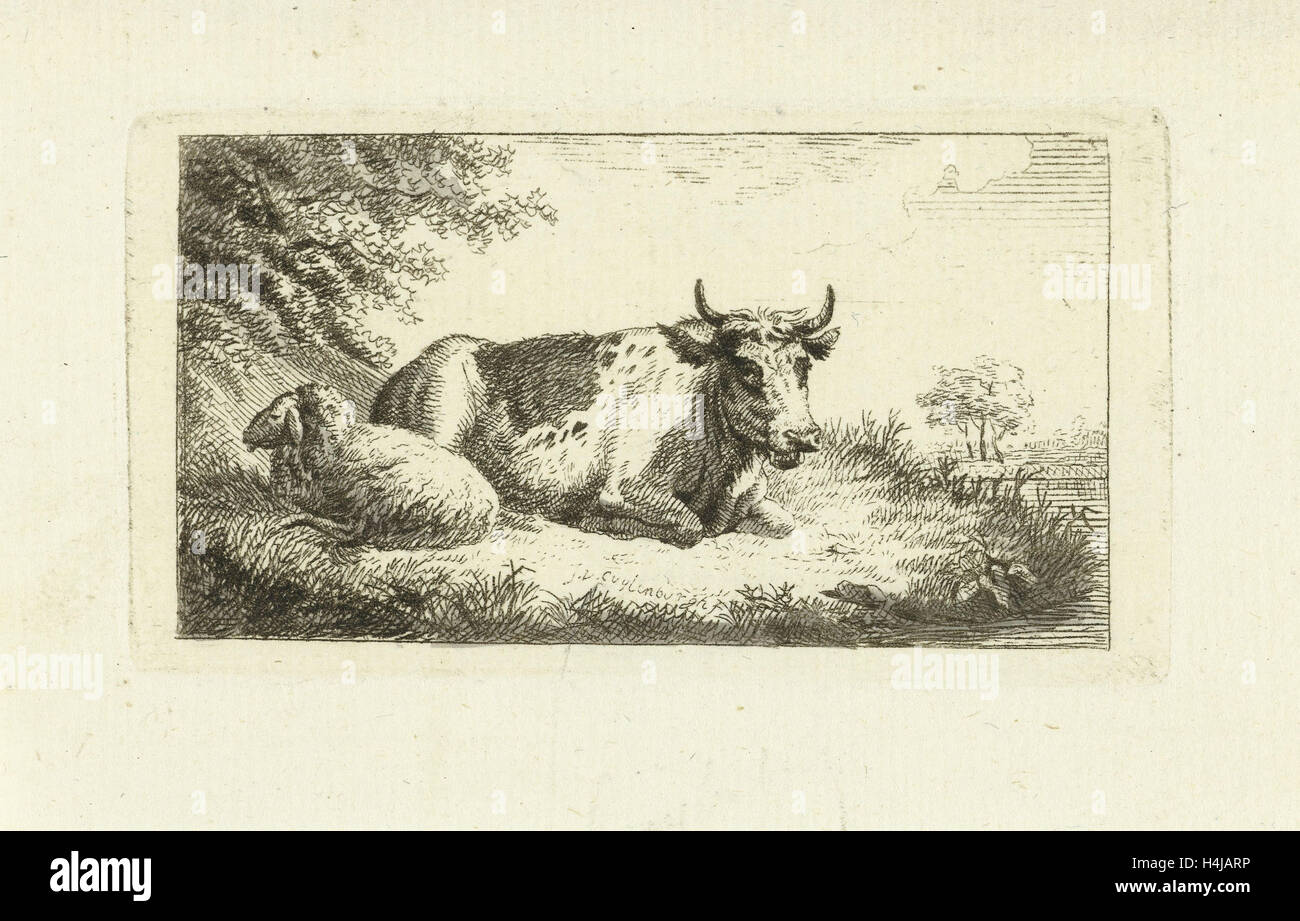 Giacente vacca e pecora, Johannes van Cuylenburgh, 1803 - 1841 Foto Stock