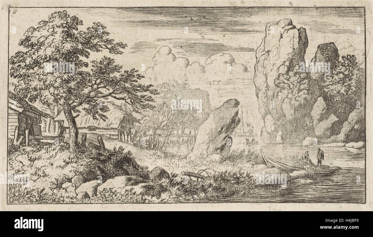 Paesaggio con roccia dall'acqua, Allaert van Everdingen, 1631 - 1675 Foto Stock