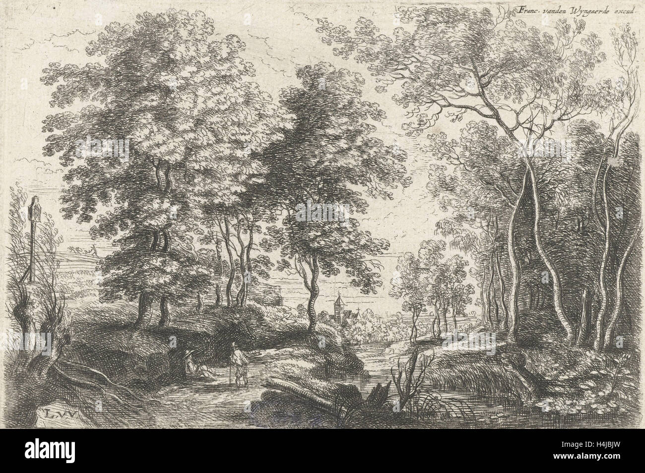 Paesaggio con un flusso attraverso una foresta, stampa maker: Lucas Van Uden, Frans van den Wijngaerde, 1605 - 1673 Foto Stock