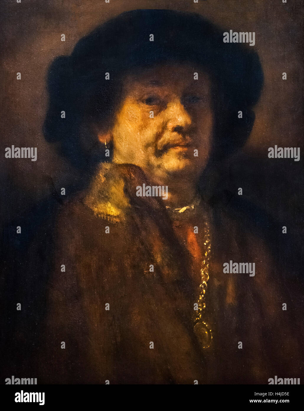 Rembrandt, autoritratto in una pelliccia con catena in oro e orecchini c.1656/7 Foto Stock