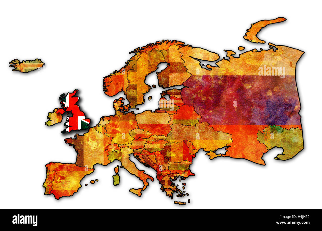 Alcuni molto vecchi grunge mappa del Regno Unito con bandiera sulla mappa di Europa Foto Stock