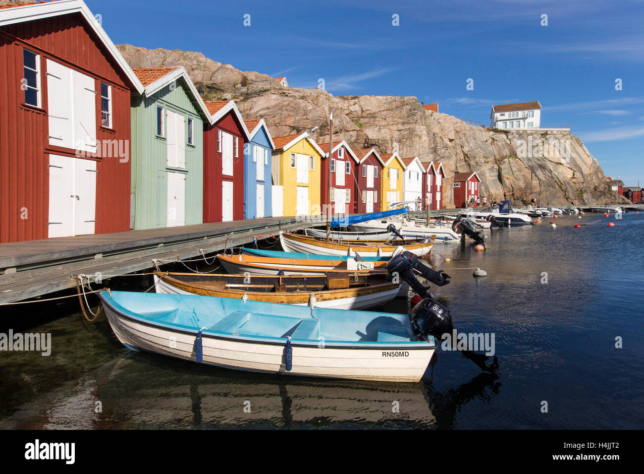 Sbarcati barche, pesca capanne Smögen, Bohuslän, West Sweden, Svezia Foto Stock