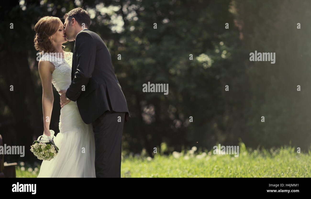 Bella Sposa e lo sposo kissing all'aperto Foto Stock