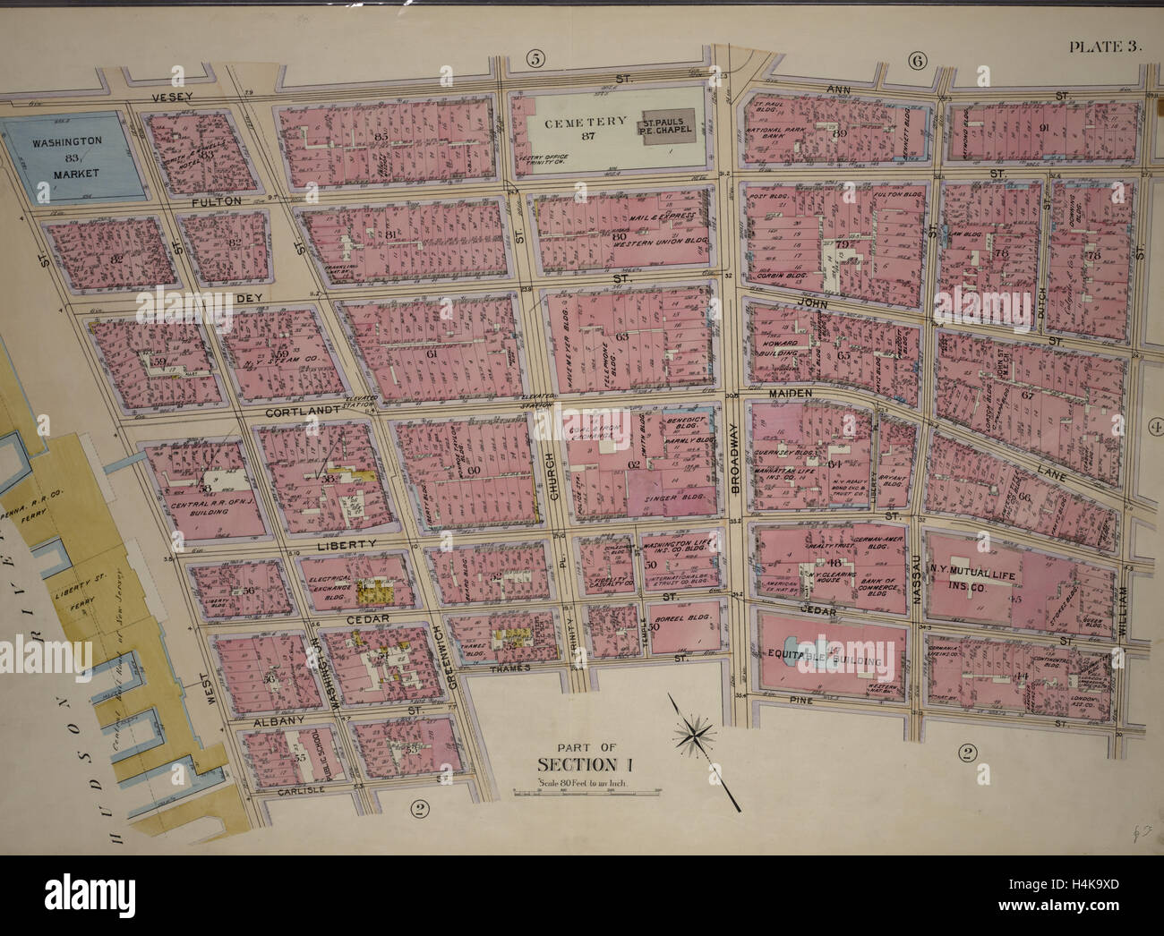 La piastra 3, parte della sezione 1: delimitata da Vesey Street, Ann Street, William Street, Pine Street, Broadway, Thames Street, Greenwich Foto Stock