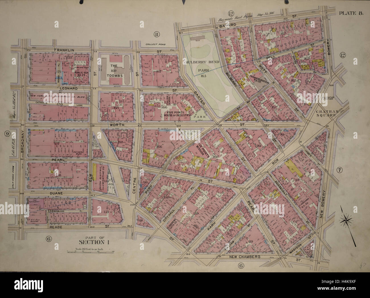 La piastra 8, parte della sezione 1: delimitata da Franklin Street, Bayard Street, Bowery, Chatham Square, Nuovo Bowery, Madison Street Foto Stock