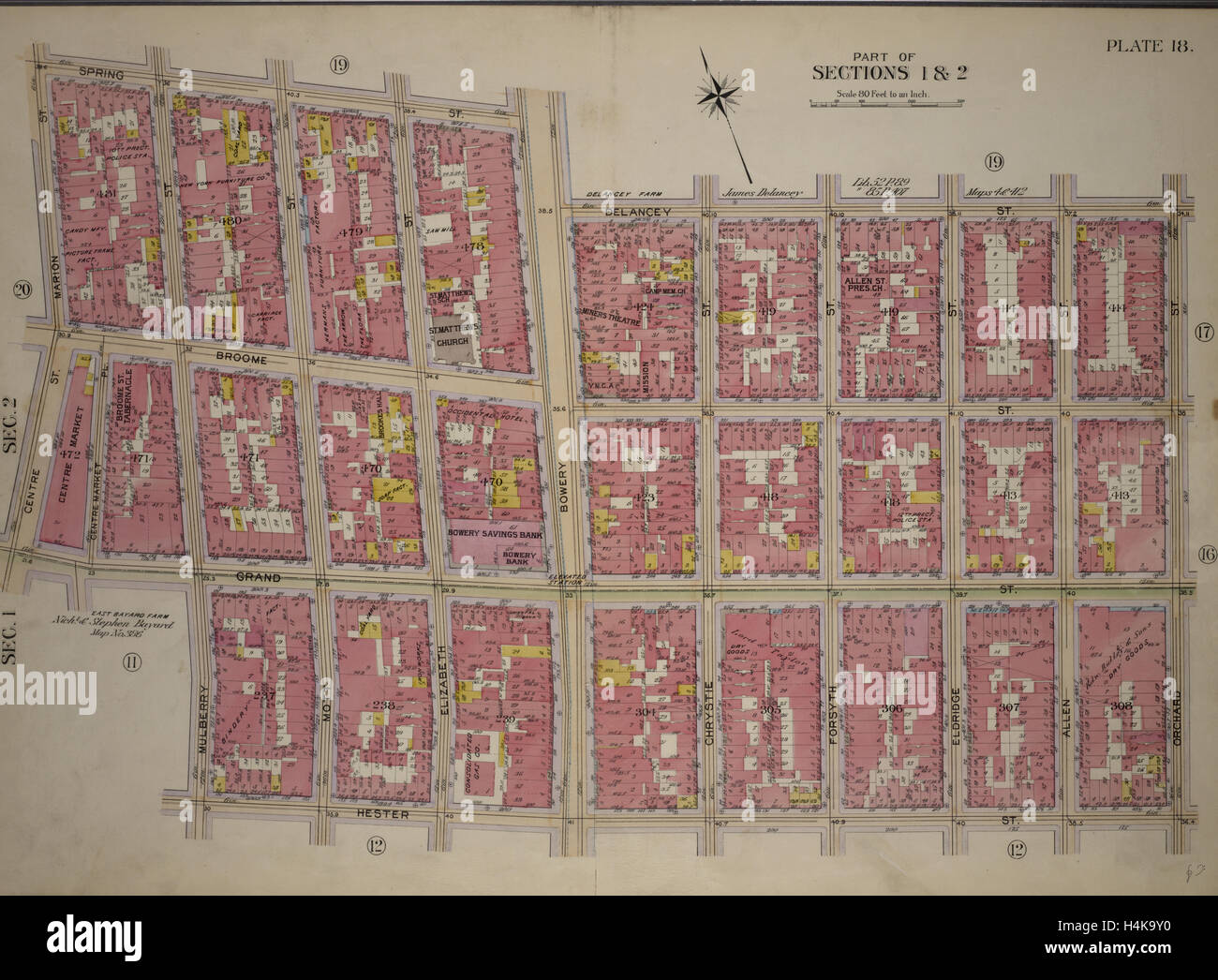 La piastra 18, parte delle sezioni 1 e 2: delimitata da Spring Street, Bowery Street, Delancey Street, Orchard Street, Hester Street Foto Stock