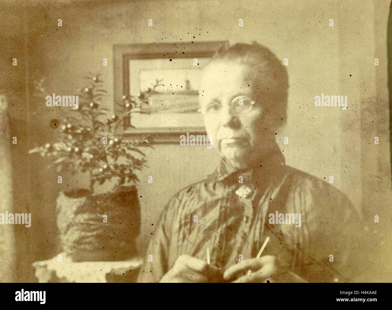 Ritratto di una vecchia signora con gli occhiali in un salotto, anonimo, 1880 - 1920 Foto Stock