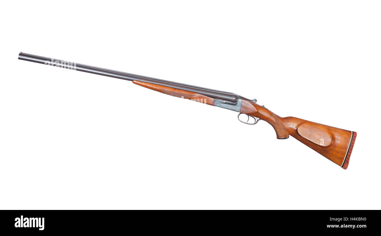 Fucile da caccia a fianco a fianco di barili isolato su uno sfondo bianco Foto Stock