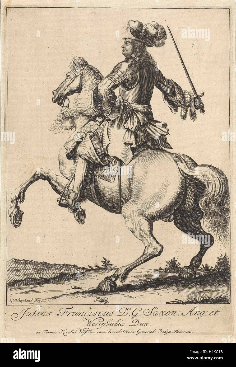 Ritratto equestre di Giulio Francesco, duca di Sax-Lauenburg, Pieter Stevens (vermeld in 1689), Nicolaes Visscher (MI) Foto Stock