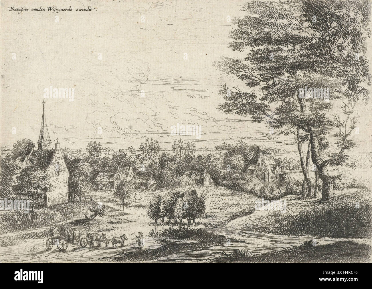 Vista di un villaggio con un carro coperto, Lucas Van Uden, 1605 - 1673 Foto Stock