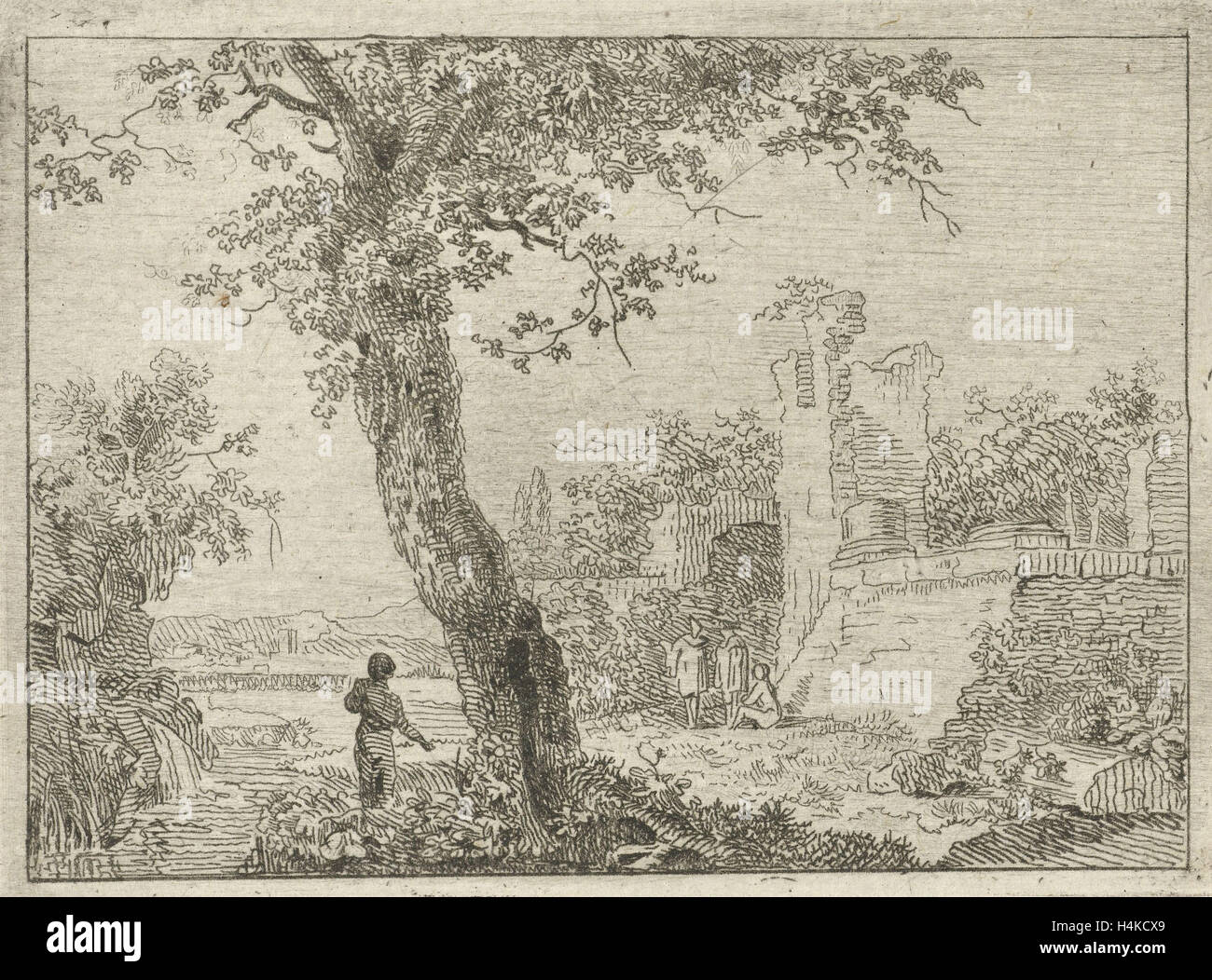 Paesaggio con rovine e quattro figure in primo piano è un albero, Cornelis Ouboter van der Griendt (copia dopo) Foto Stock