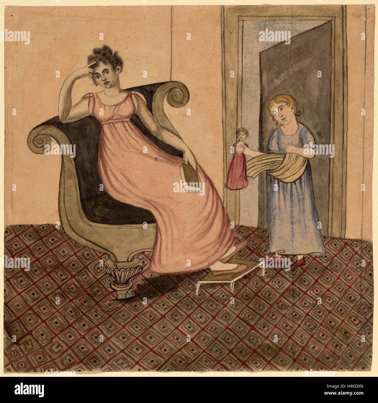 Eunice Pinney, la madre e il Bambino, americano, 1770 - 1849, c. 1815, penna e inchiostro nero e acquerello Foto Stock