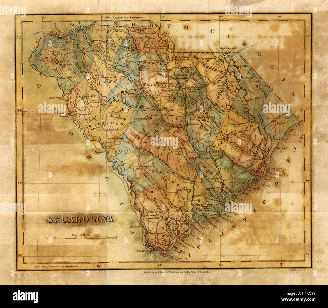 Mappa South Carolina, Mills Atlas, USA, America del XIX secolo l'incisione Foto Stock
