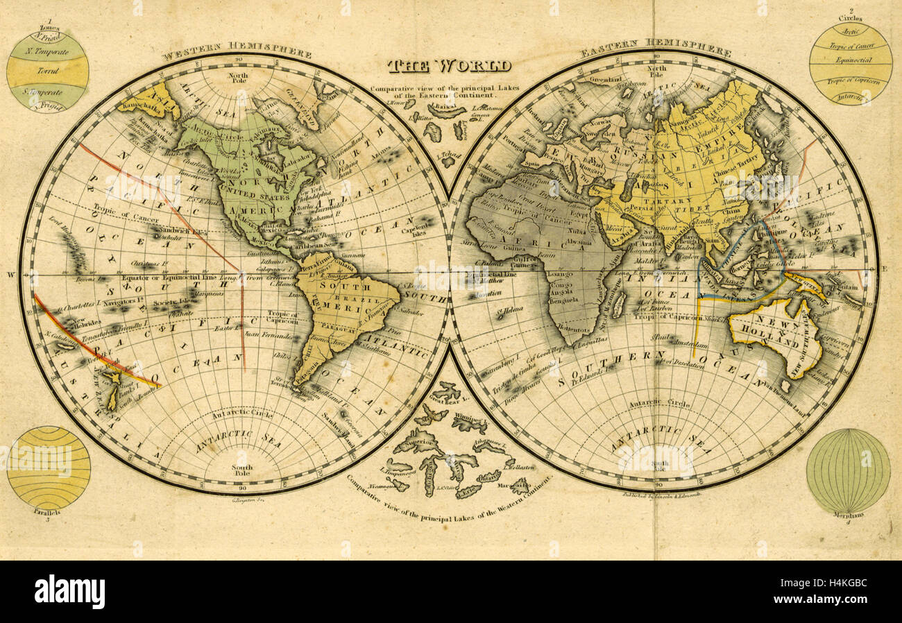 Mappa del mondo, la scuola di Boston Atlas, USA, America del XIX secolo l'incisione Foto Stock